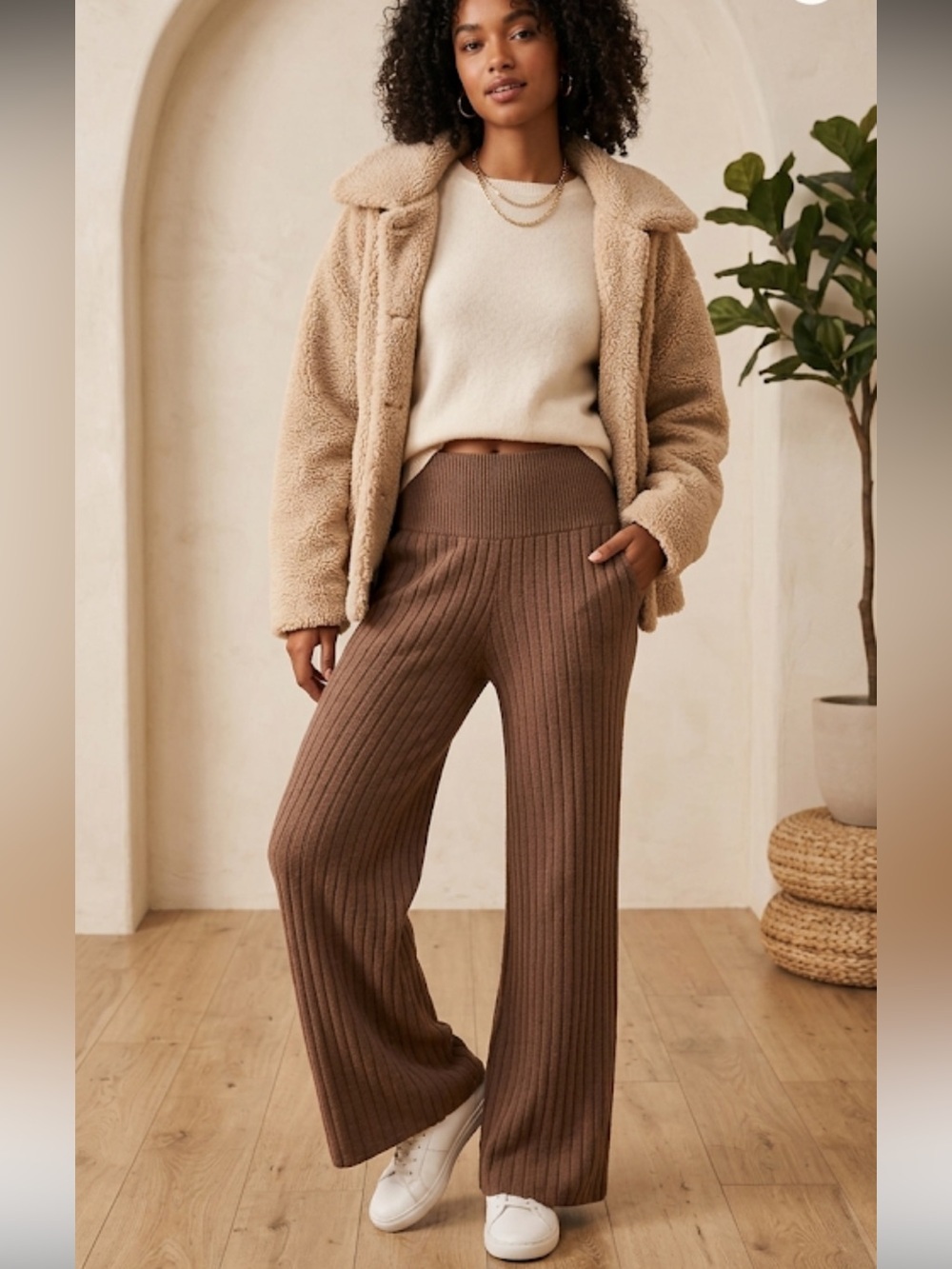 FREE PEOPLE | Ribbed Wide-Leg Knit Pants in Brown | S